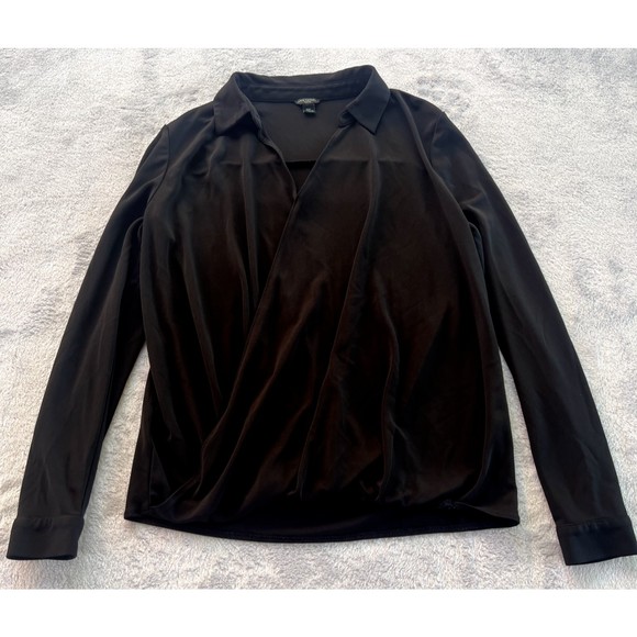 Ann Taylor Blouse Womens Small Petite Black Long Sleeve Collared V‎ Neck Top - Picture 1 of 8